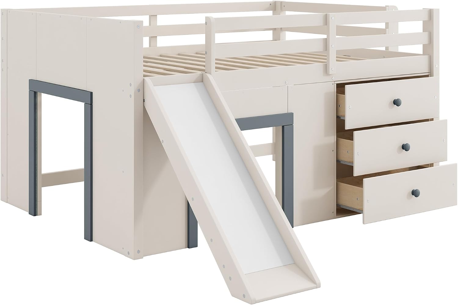 Harper & Bright Designs Low Loft Bed Full Size with Slide and Drawers for Saving Spcae, Wood Loft Bed Frame with Storage, Beige+Grey