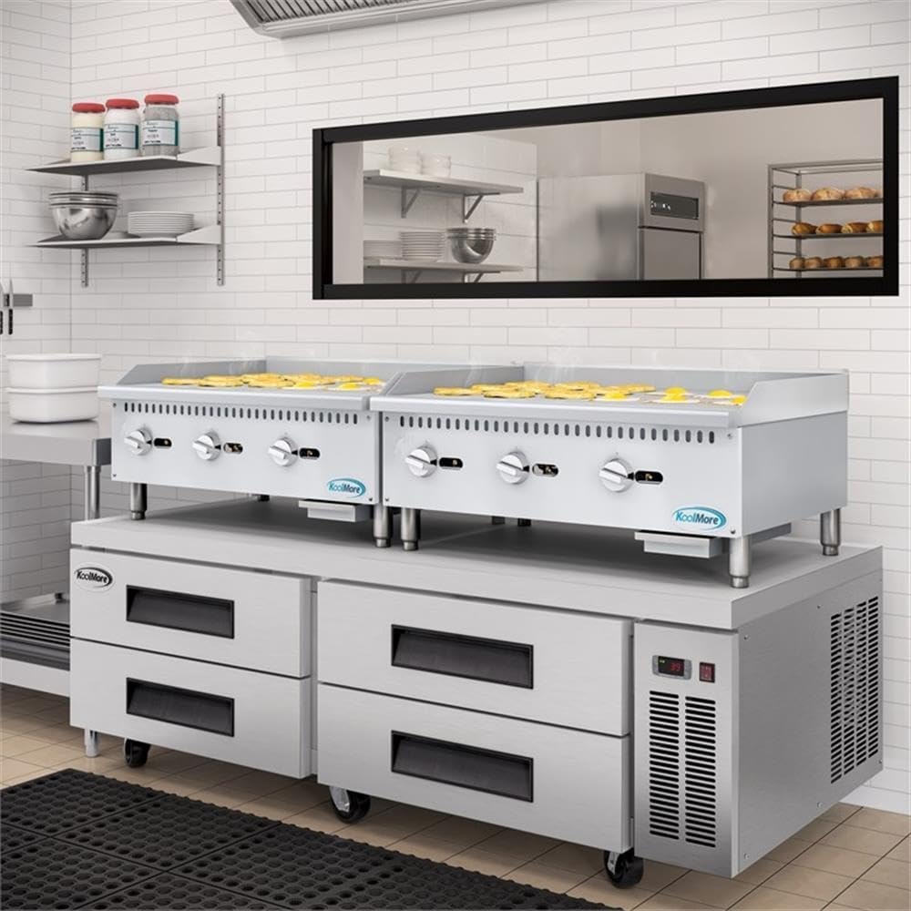 Pemberly Row 36-Inch Natural Gas Griddle, 3-Burner, 90000 BTU, Stainless Steel Construction, Adjustable Temperature, Drip Tray, Heavy Duty Flat Top Countertop Griddle for Restaurants or Food Trucks