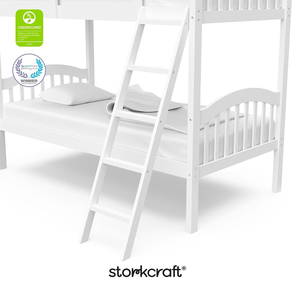 Storkcraft Long Horn Twin-Over-Twin Bunk Bed (White) - GREENGUARD Gold Certified, Converts to Two Twin Beds, Wood Bunk Bed for Kids Bedroom