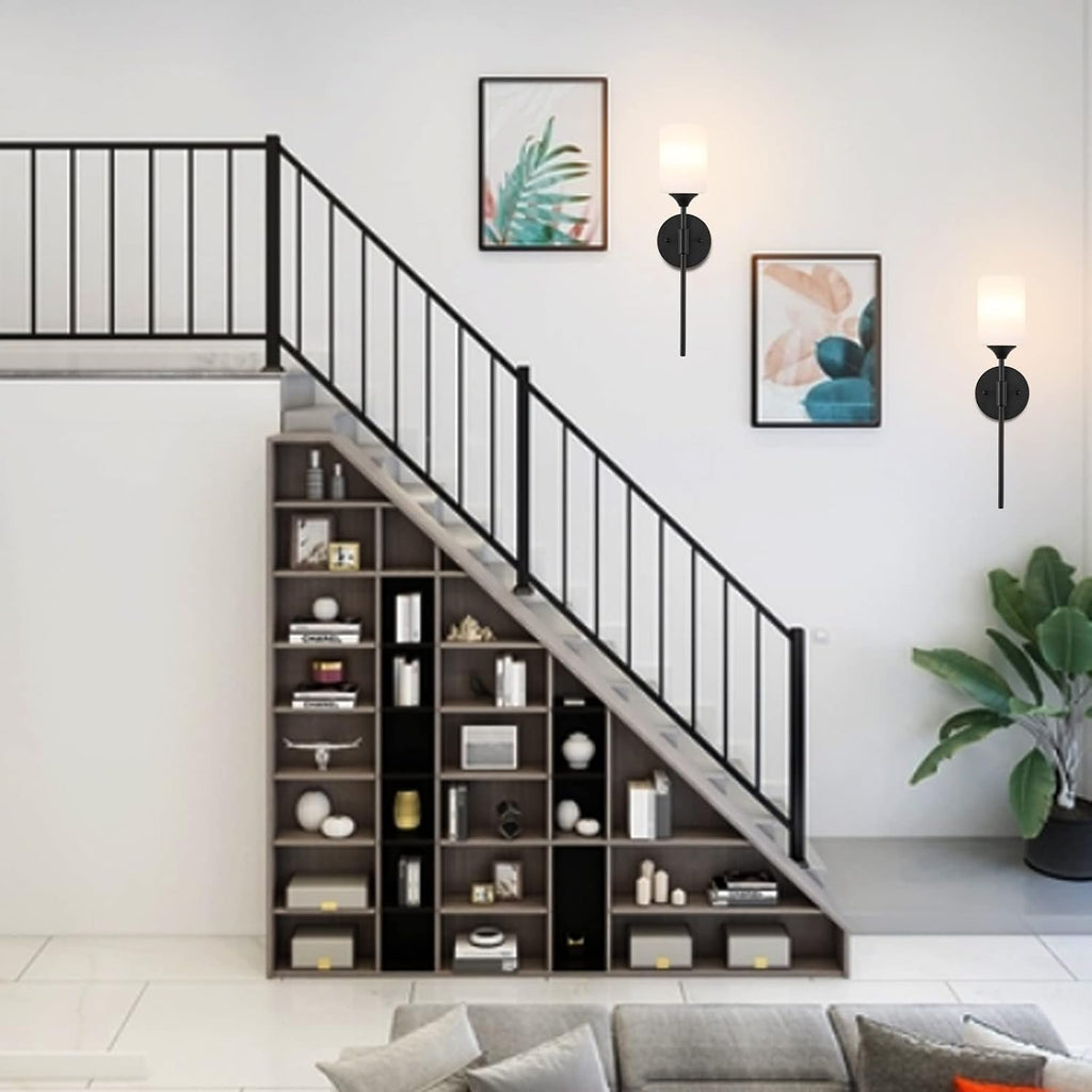 BYOLIIMA Mid Century Modern Wall Lamp 2 Pack with White Cylinder Glass Shades Matte Black Wall Sconce Bathroom Vanity Lighting Industrial Farmhouse Wall Light Fixtures for Mirror Bedroom Living Room