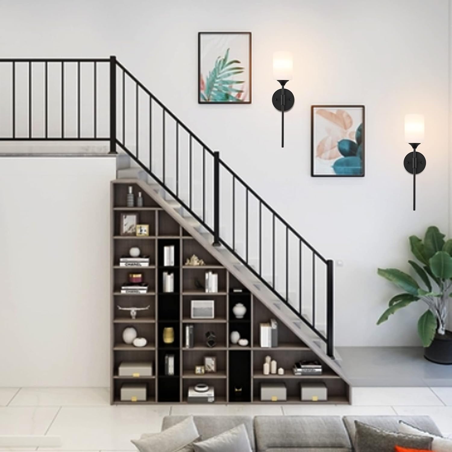 BYOLIIMA Mid Century Modern Wall Lamp 2 Pack with White Cylinder Glass Shades Matte Black Wall Sconce Bathroom Vanity Lighting Industrial Farmhouse Wall Light Fixtures for Mirror Bedroom Living Room