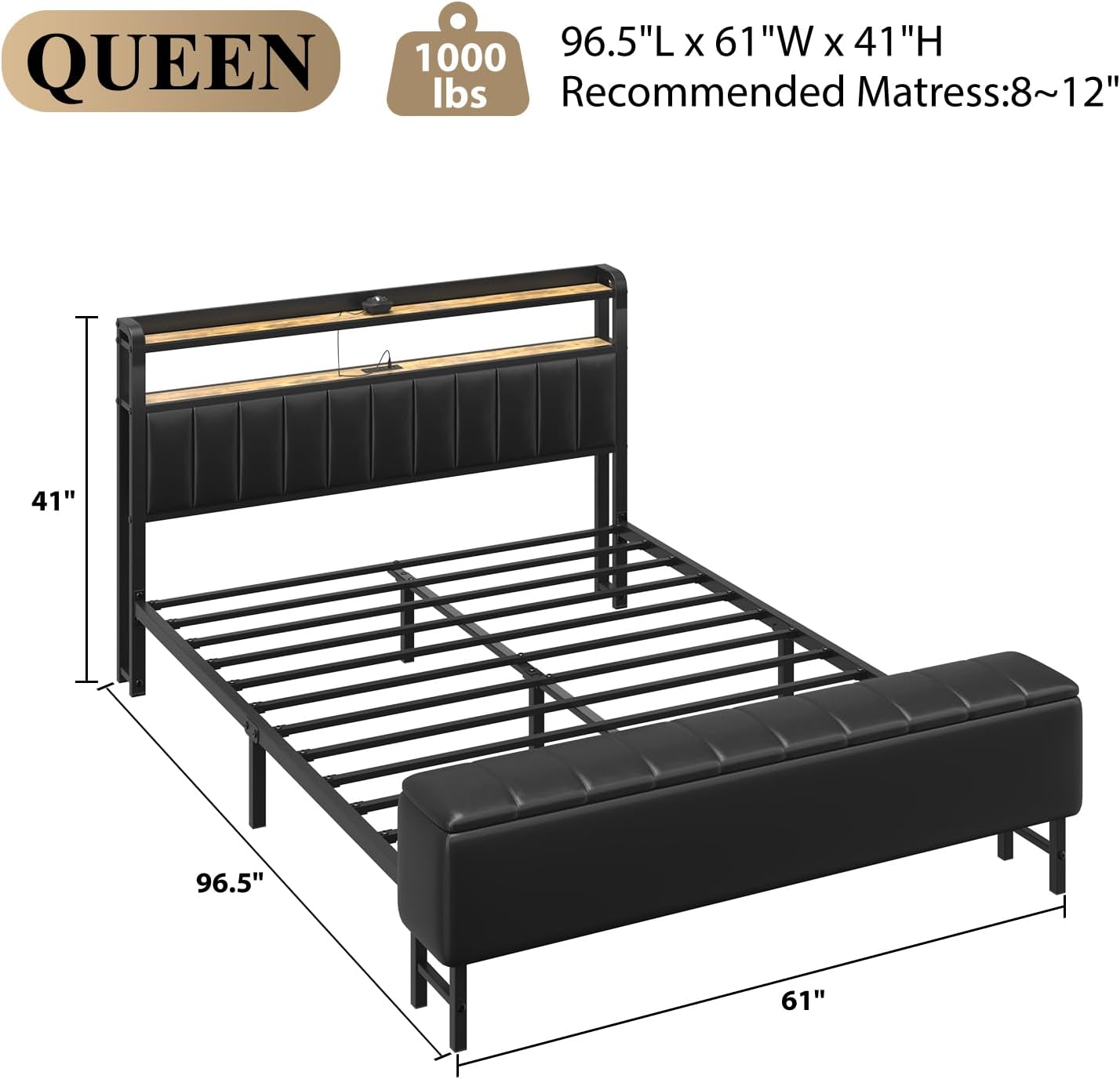 Queen Metal Bed with Star Projector & Charging Station, Upholstered Bed frame with PU Leather Headboard, Heavy Duty Beds with Storage Ottoman, Metal Support, Noise-Free, No Box Spring Needed, Black