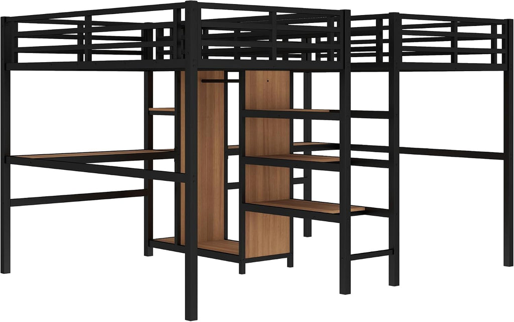 Bellemave Twin Over Twin Metal Loft Bed with Desk and Wardrobe for 2 Kids,Twin Size Heavy Duty Double Loft Bed Frame with Charging Station and Shelves for Boys,Girls,Adults,Woodgrain