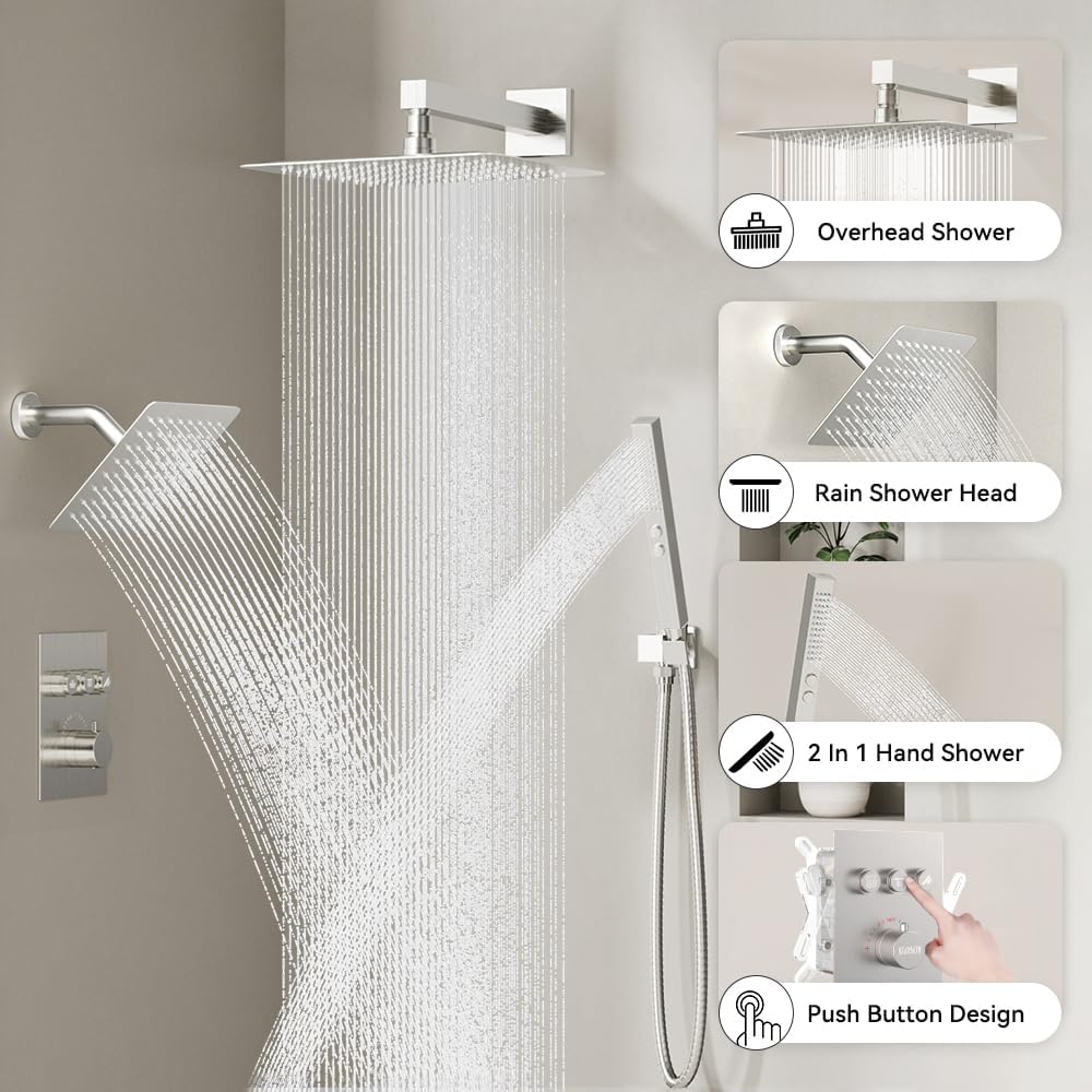 Thermostatic Shower System Brushed Nickel, STARBATH Shower Faucets Sets 12+ 6' Wall Mount Rain Shower and 2 in 1 Handhled, Can Use All at Once, Push Button 3 Modes Valve Complete Shower Set