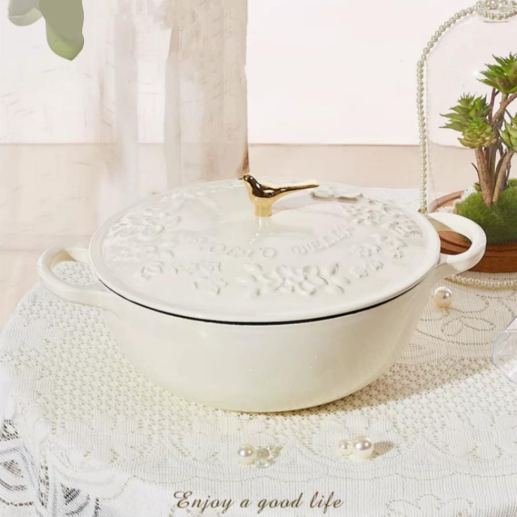 Enameled Cast Iron Dutch Oven with Lid – Non Stick Dutch Oven Pot – Sturdy Ovenproof Stockpot Cookware – Enamelled Cooking Pot – Garden Series – Oversized Handles (White) (1.7Qt)