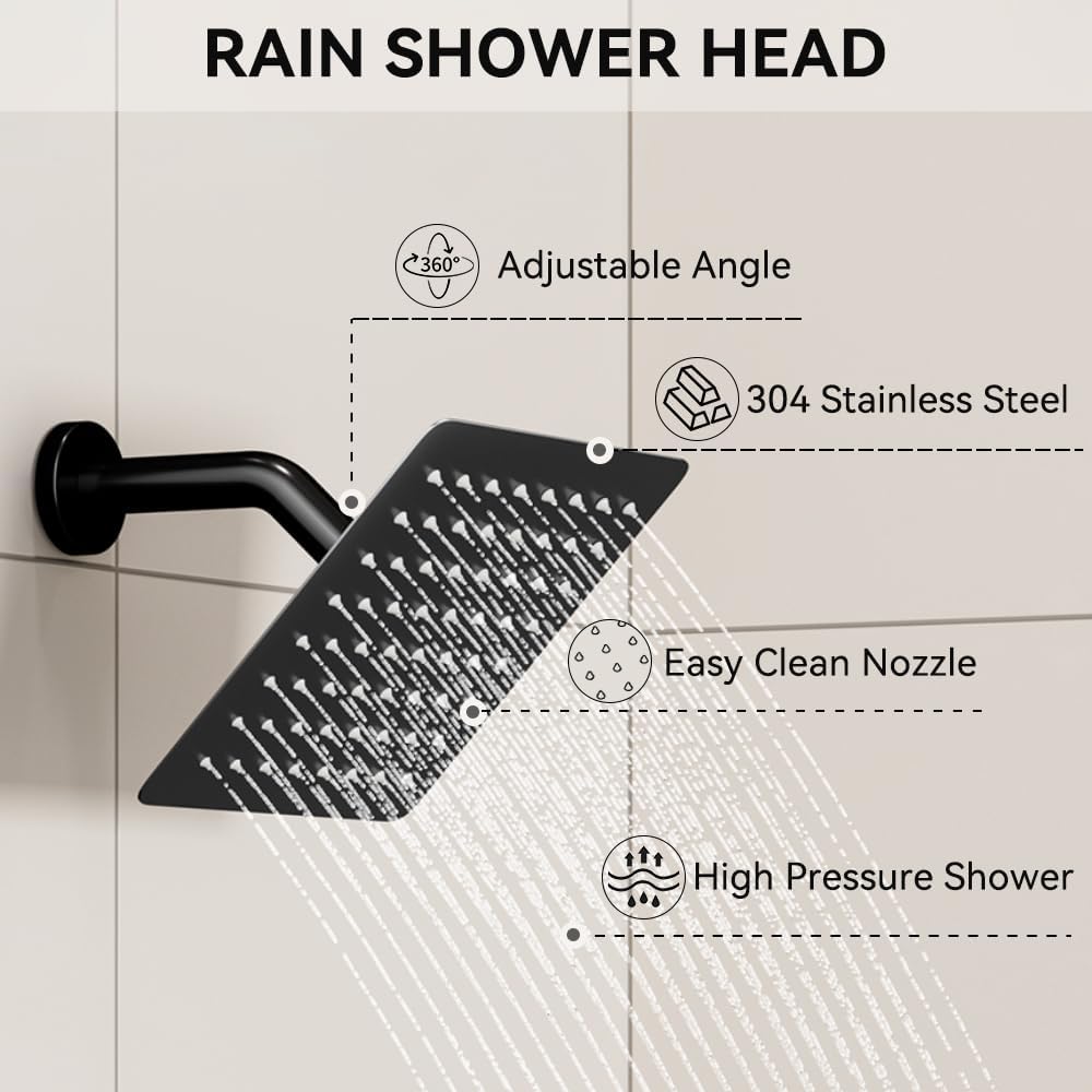 Thermostatic Shower System Matte Black Push Button Shower Faucet Set,12' Ceiling Rainfall and 6' Wall Mount Rain Shower with 2 in 1 Handhled, Can Use All at Once, Shower Set with Valve and Trim Kit