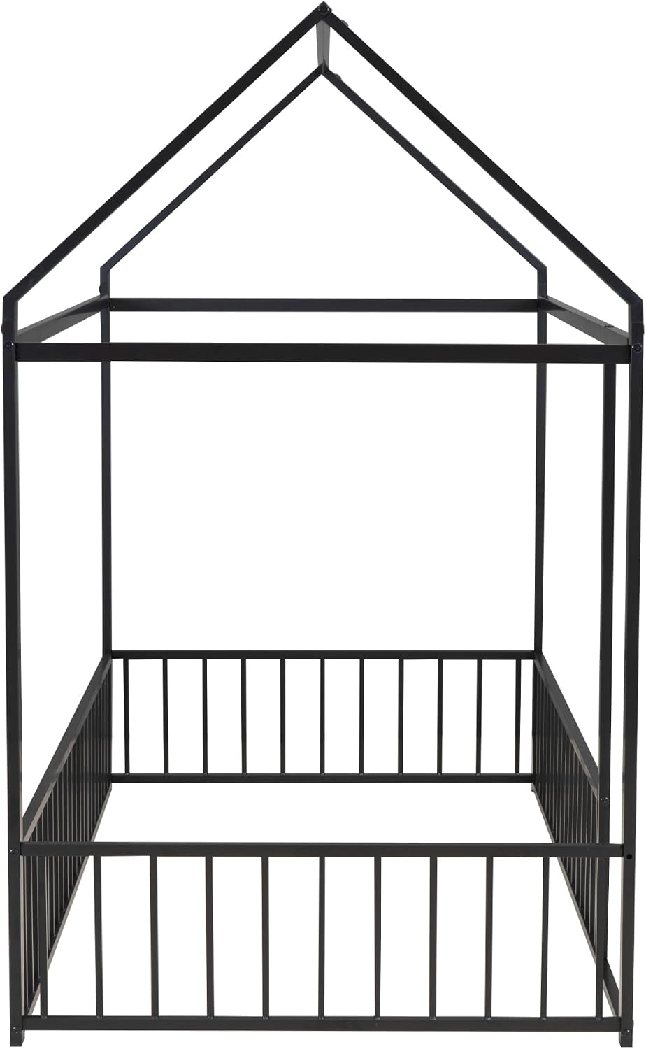 Bellemave Twin Floor Bed Frame, Metal Montessori Floor Bed Twin with Fence for Boys Girls Bedroom Playhouse for Kids No Slat, Easy Assembly House Shaped Floor Beds Black
