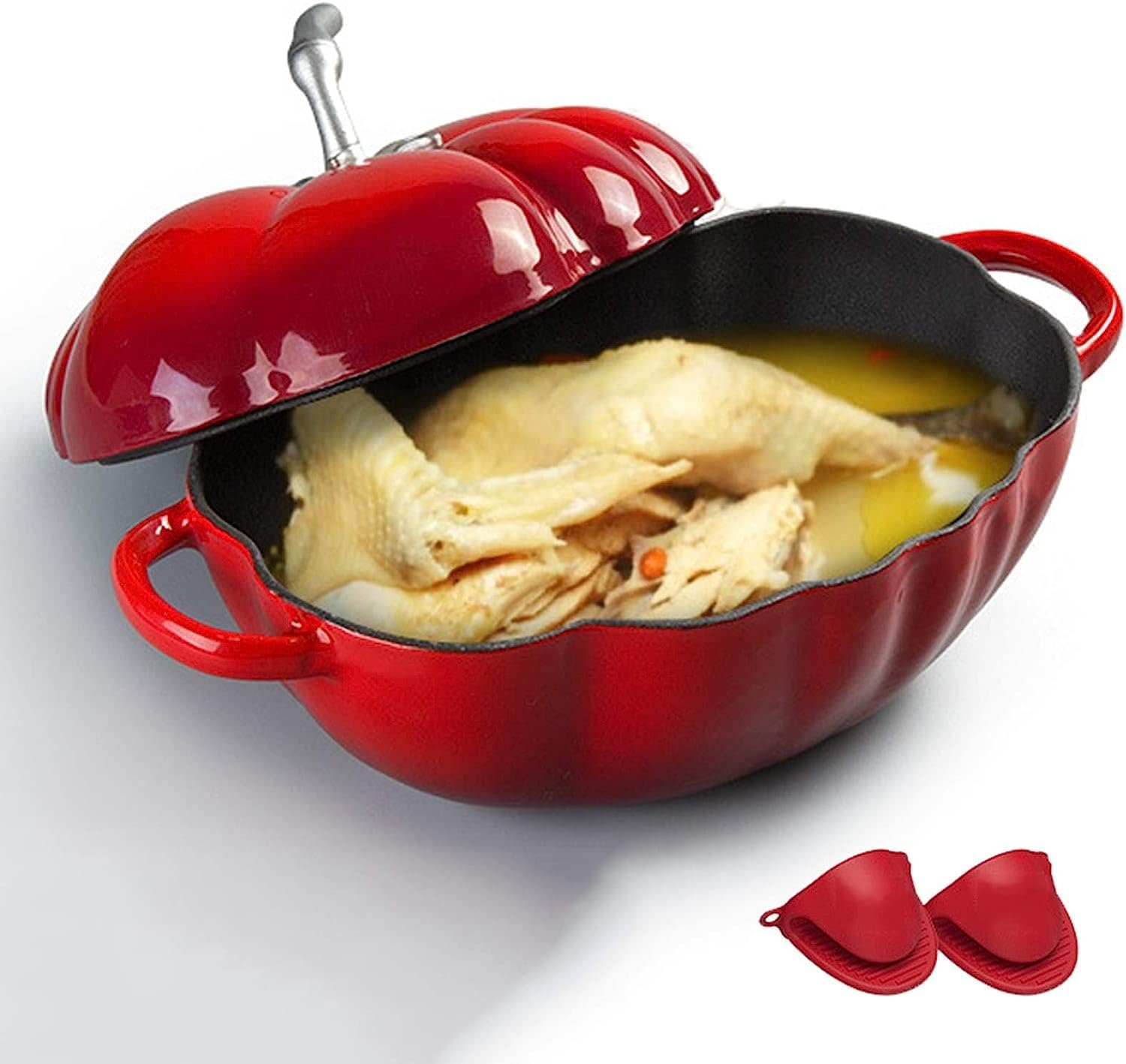 Induction Enameled Cast Iron Dutch Oven Gas Stoves Tomato-Shaped Braiser Nonstick Dual Handles with Lid for 3-5 People