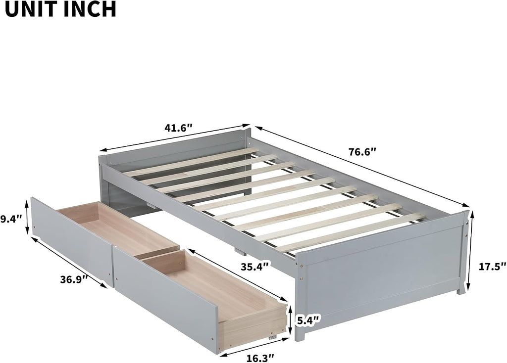 Bellemave Twin Kids Bed with Storage 2 Drawers, Wood Twin Daybed with Storage, BedFrames for Kids, Adults, Gray