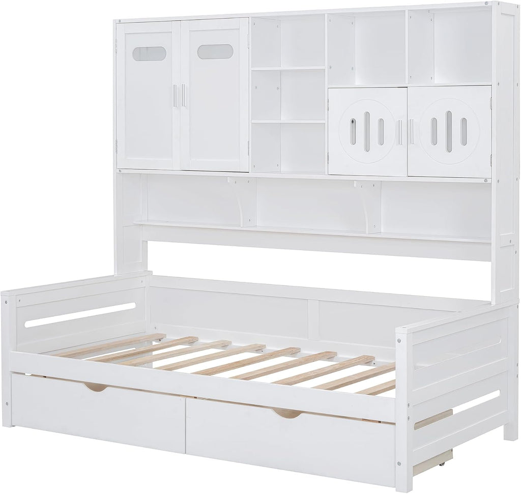 Merax Twin Size Wooden Daybed with 2 Drawers & Bookcase Headboard, and All-in-One Storage Cabinet and Shelf, White