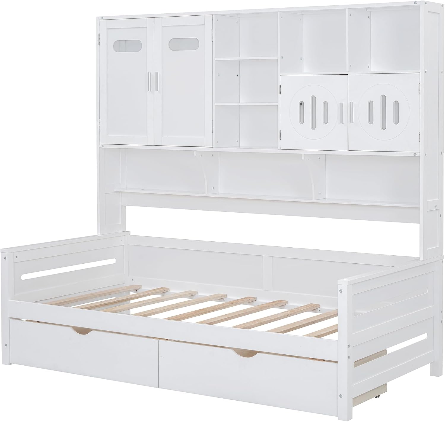 Merax Twin Size Wooden Daybed with 2 Drawers & Bookcase Headboard, and All-in-One Storage Cabinet and Shelf, White