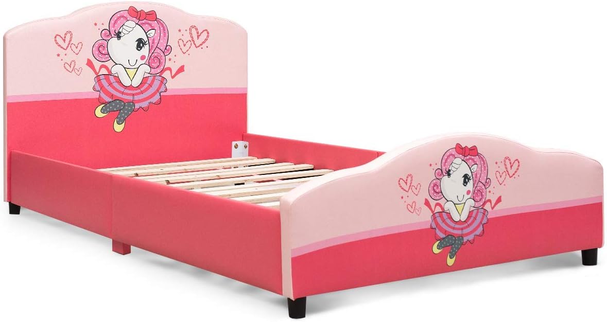 Costzon Twin Bed Frames for Kids, Wood Upholstered Twin Bed Platform with Slat Support, Padded Headboard&Footboard, No Box Spring Needed, Easy Assembly, Fits Standard Twin Mattress (Little Girl)