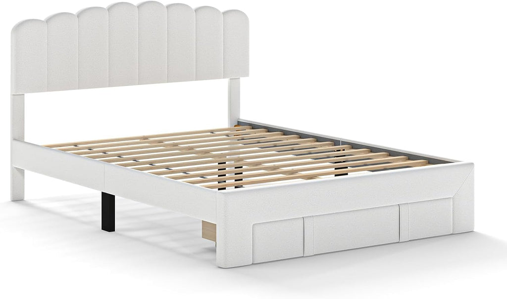 CANMOV Queen Size Bed Frame with Adjustable Headboard and Storage Drawer, Wool Upholstered Platform Bed Frame with White Ambient Light, Wooden Slats Support, White