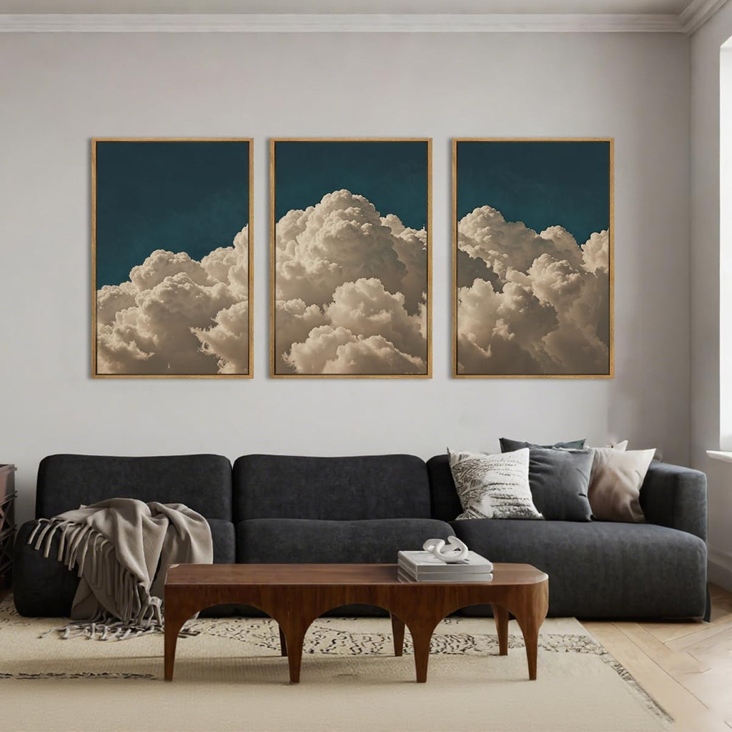 IARTTOP Extra Large Navy Blue Cloud Wall Art 24x36 Inch Framed Abstract Modern Landscape Canvas Wall Decor Minimalist Sky Painting Set of 3 for Bedroom Living room Office