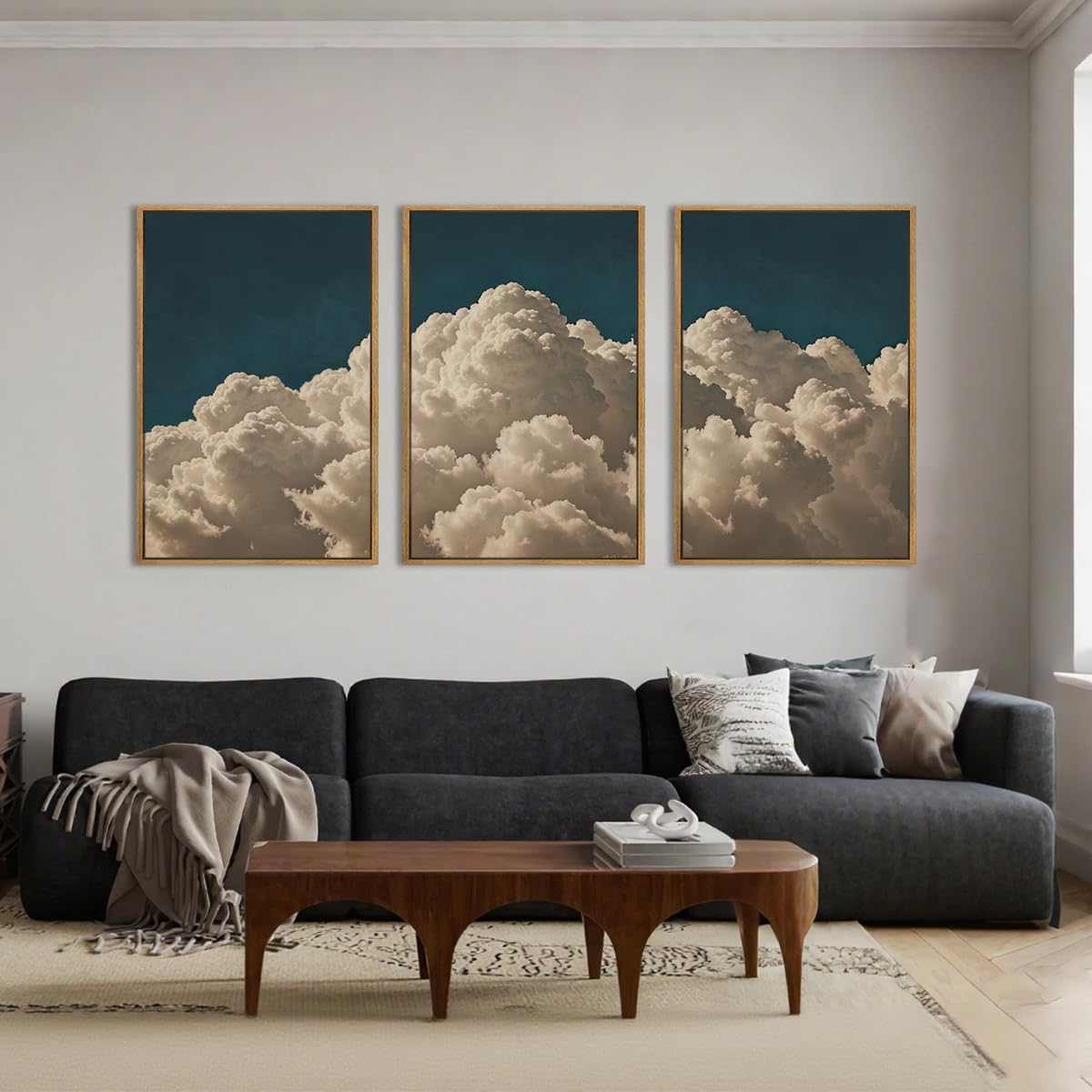IARTTOP Extra Large Navy Blue Cloud Wall Art 24x36 Inch Framed Abstract Modern Landscape Canvas Wall Decor Minimalist Sky Painting Set of 3 for Bedroom Living room Office