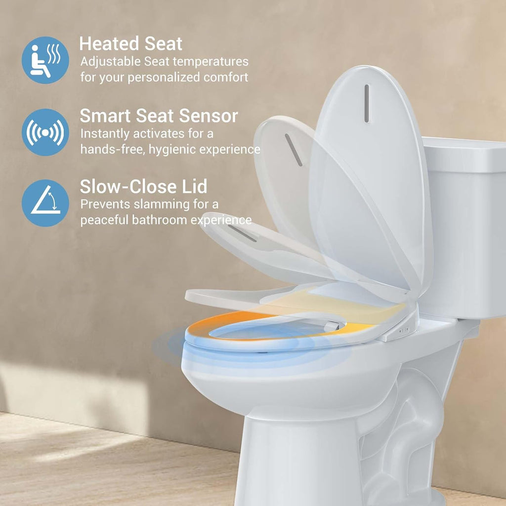 Electronic Bidet Toilet Seat Elongated, Smart Heated Toilet Seat with Adjustable Warm Water Wash, Warm Air Dryer, Dual Nozzle, LED Night Light, Instant Heating Electric Bidet for Bathroom