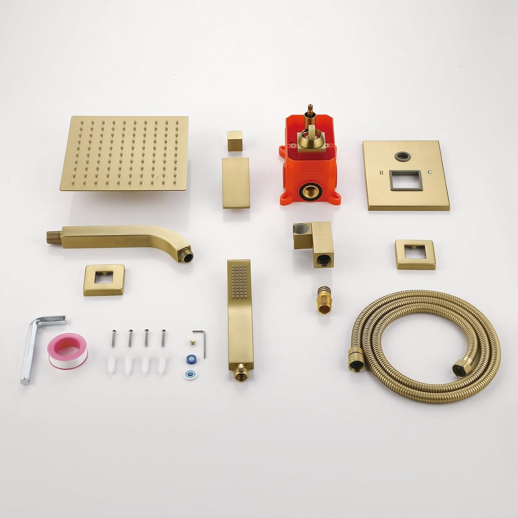 JOYWELL Shower Faucet Brushed Gold Shower System 8 Inches Rain Shower and Handheld Shower Combo,2-Function Pressure Balance Shower Fixtures,Included Shower Trim Kit