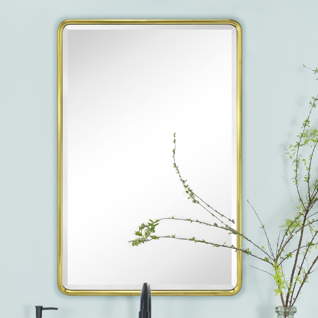 TEHOME Farmhouse Brushed Gold Metal Framed Recessed Bathroom Medicine Cabinet with Mirror Rounded Rectangle Medicine Cabinet with Beveled Mirror 16x24''