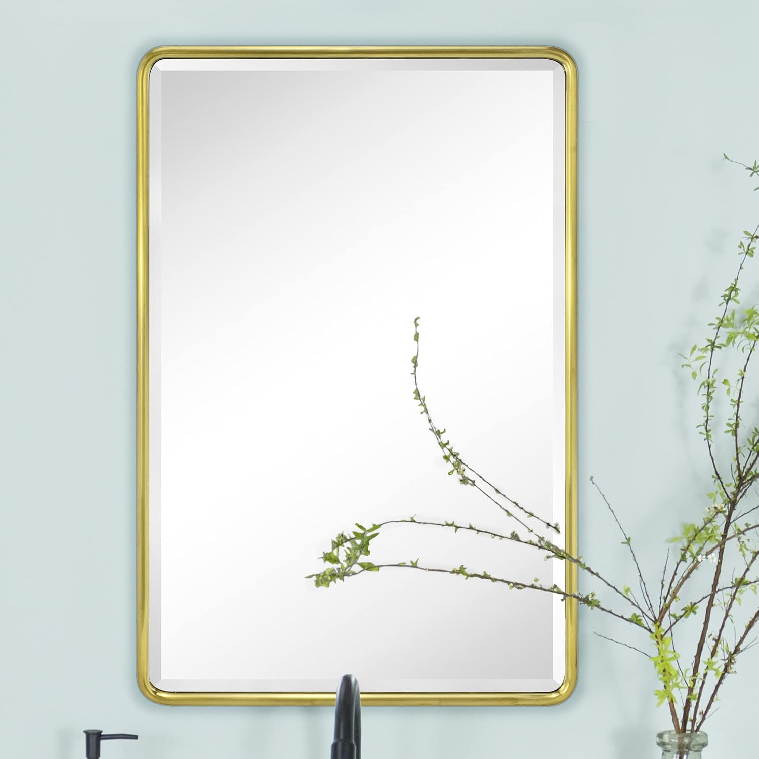 TEHOME Farmhouse Brushed Gold Metal Framed Recessed Bathroom Medicine Cabinet with Mirror Rounded Rectangle Medicine Cabinet with Beveled Mirror 16x24''