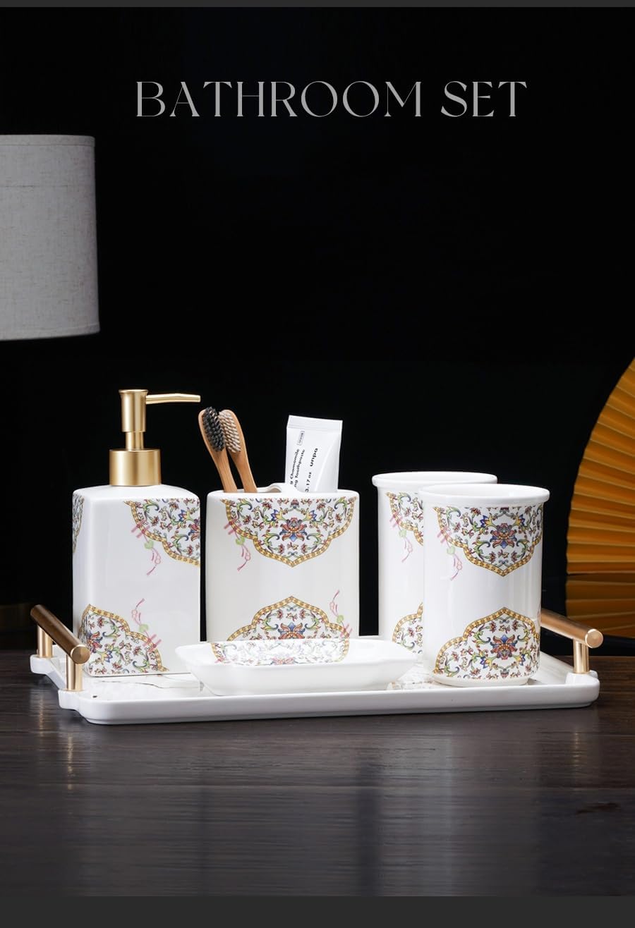 Bathroom Sets,Soap Dispenser Bathroom Set Easter Home Decor Bathroom Accessories Set Gold Classical Enamel Pattern Vintage Elegant Western Home Decor Boho Bathroom Decor 5-Piece Enamel Yellow Washba