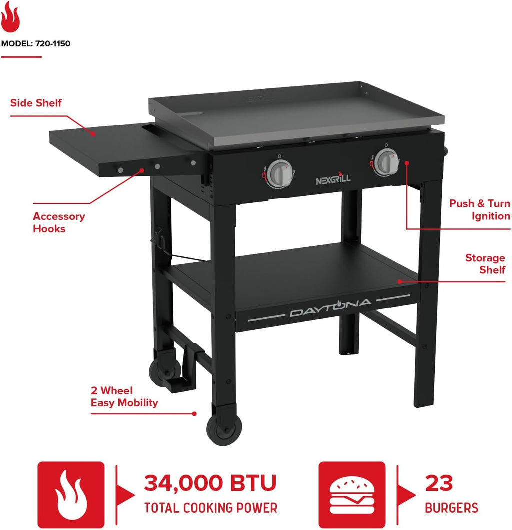 Nexgrill Daytona 2-Burner Propane Gas Grill, 28 inch Portable Flat Top Griddle for Outdoor Cooking, Camping & Tailgating, Rear Grease Management System, 34,000 BTU, 720-1150