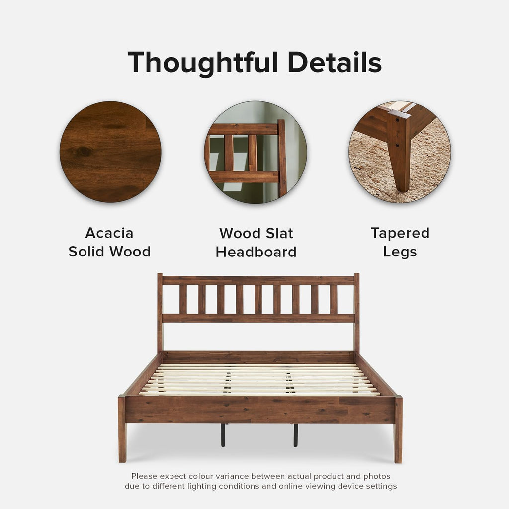 mopio Ted Bed Frame with Headboard, Mid Century Modern Acacia Solid Wood Platform Bed Frame, Wooden Slats, No Box Spring, Double Metal Bar Support (Solid Wood, Queen (U.S. Standard))