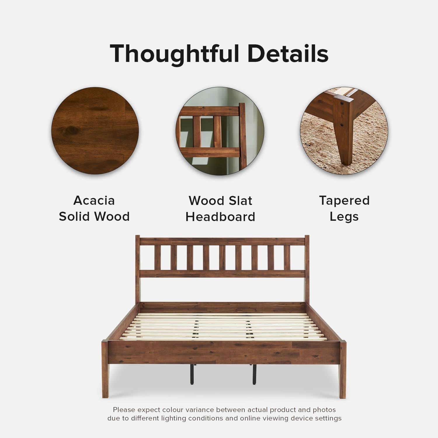 mopio Ted Bed Frame with Headboard, Mid Century Modern Acacia Solid Wood Platform Bed Frame, Wooden Slats, No Box Spring, Double Metal Bar Support (Solid Wood, Queen (U.S. Standard))