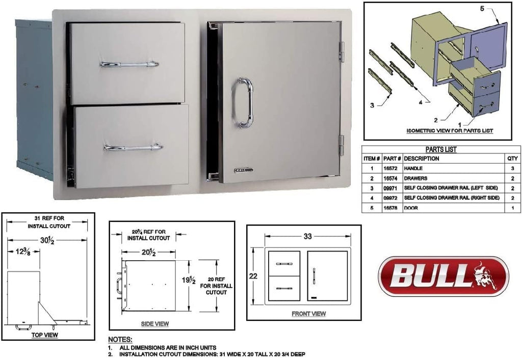 AMS Fireplace | Bull GRILLS outdoor 30' The Outlaw grill NG with Single Side Burner, SS Sink, Grill Cover, Refrigerator, Door & Drawer Combo w/5 in 1 BBQ Tool Set