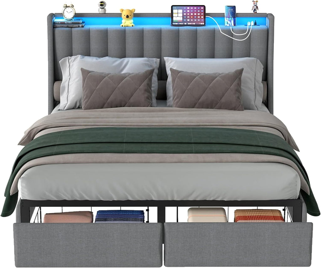 Queen Bed Frame with 2 Storage Drawers, Platform Bed Frame Queen Size with LED Light, Upholstered Headboard, Charging Station, Steel Slat Support, No Box Spring Needed, Noise-Free, Easy Assembly, Gray