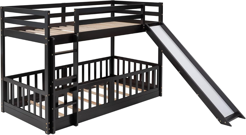 Bellemave Kids Bunk Beds with Slide, Twin Over Twin Bunk Beds with Ladder for Boys Girls, 3 Assembly Methods, Espresso