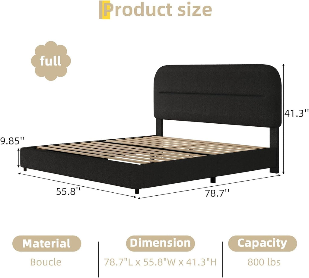 HOMBCK Bed Frame Full Size with Headboard, Boucle Upholstered Full Bed Frame, Soft Bed Frames with Thickened Footboard, Soft Rounded Corners, No Box Spring Needed, Easy Assembly, Black