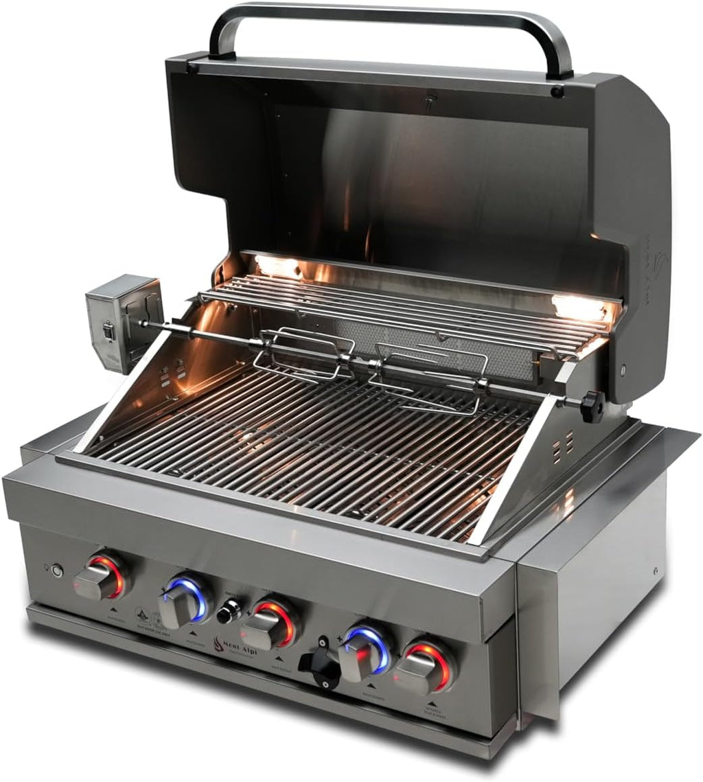 Mont Alpi MABi400-TOOLKIT 32-inch 4 Burner 63000 BTU Stainless Steel Built-in Gas Grill + Universal Flat Top Griddle Hot Plate Kit & Pizza Converter + Barbecue 3 Piece Tool Kit with Cleaning Brush