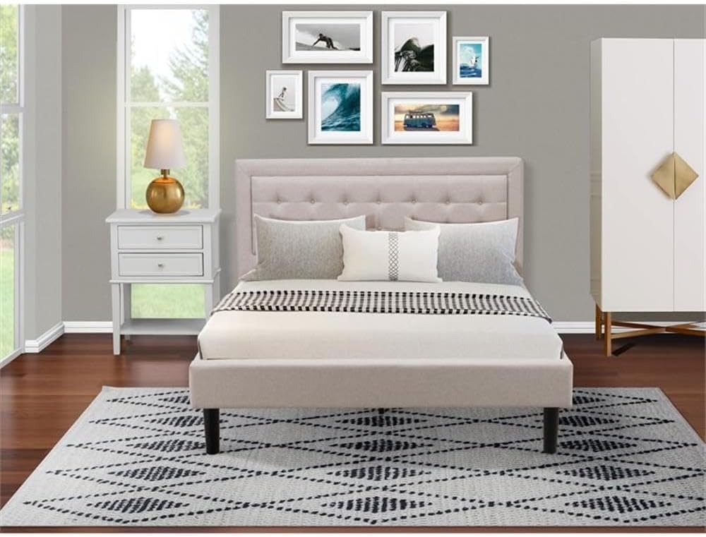 East West Furniture FN08Q-1VL14 2-Piece Fannin Bed Set with 1 Platform Bed and a Bedroom Nightstand - Reliable and Durable Manufacturing - Mist Beige Linen Fabric