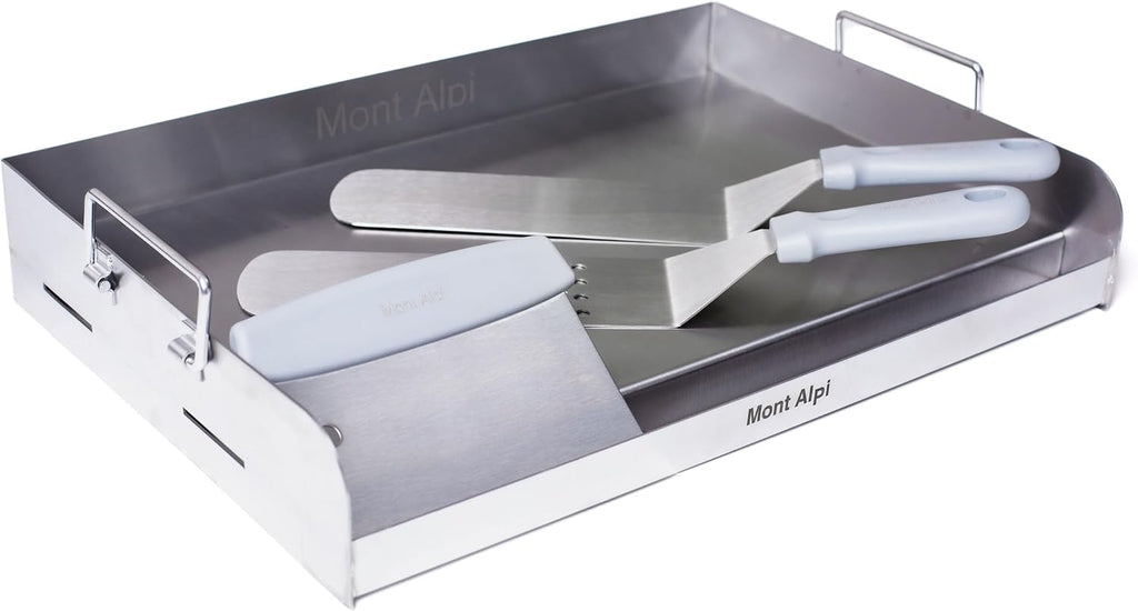 Mont Alpi MABi400-TOOLKIT 32-inch 4 Burner 63000 BTU Stainless Steel Built-in Gas Grill + Universal Flat Top Griddle Hot Plate Kit & Pizza Converter + Barbecue 3 Piece Tool Kit with Cleaning Brush