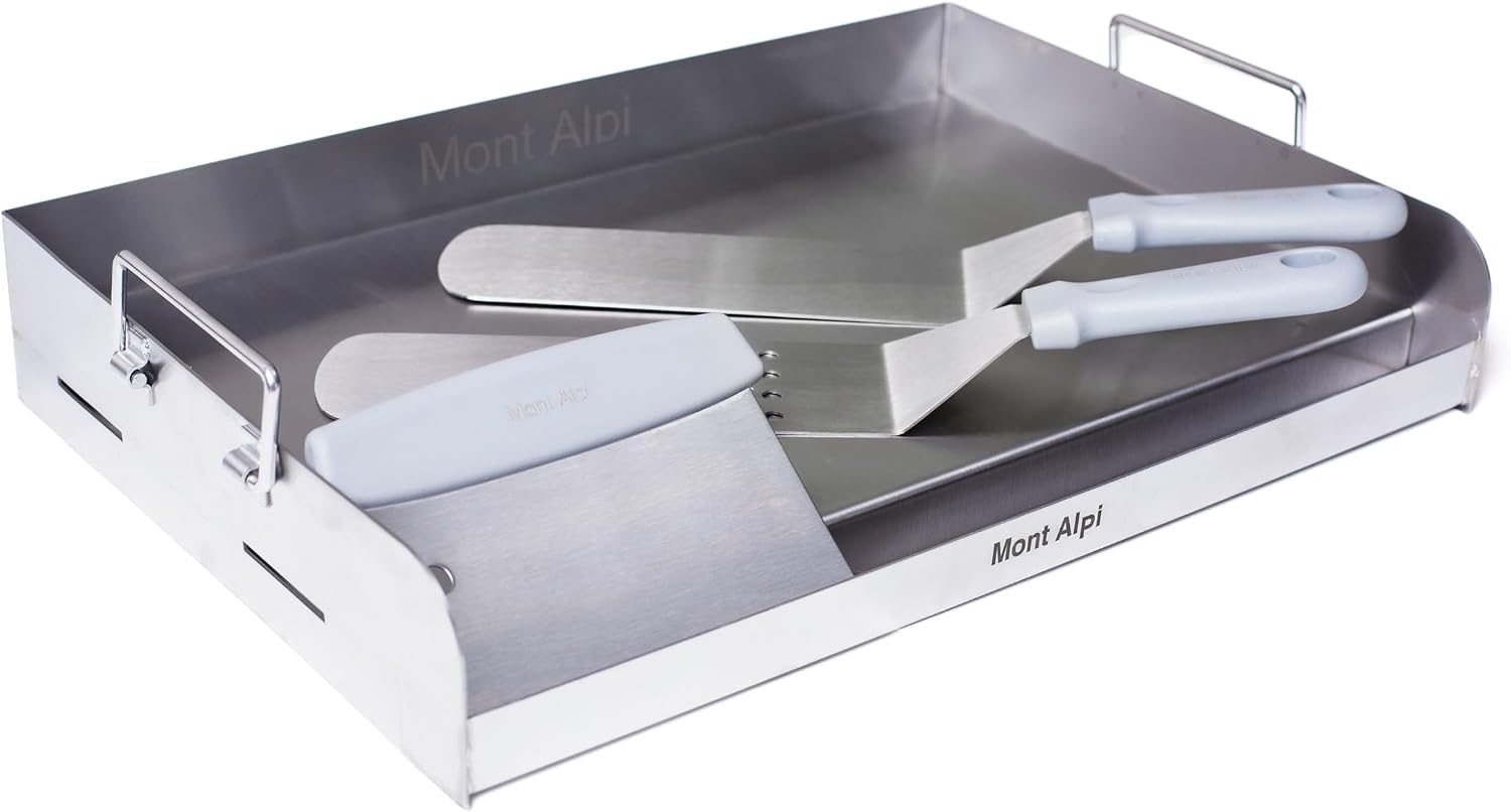 Mont Alpi MABi805-TOOLKIT 44-inch 6 Burner 87000 BTU Stainless Steel Built-in BBQ Gas Grill + Universal Flat Top Griddle Kit and Pizza Converter + Barbecue 3 Piece Tool Kit with Cleaning Brush