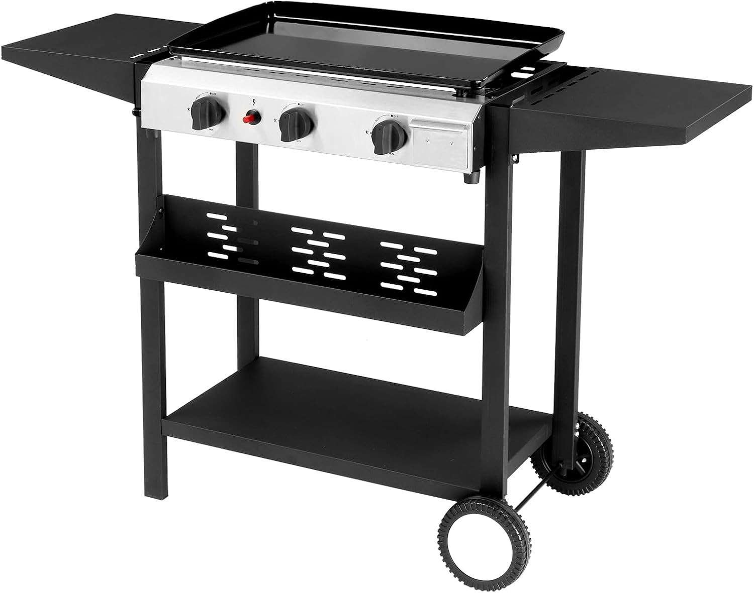 Flat Top Grill with Ceramic Coated Pan, 3 Burner Propane Griddle Station with Rear Grease Management, 30,000 BTU Gas Griddle with 2 Shelves for Outdoor Cooking, Backyard