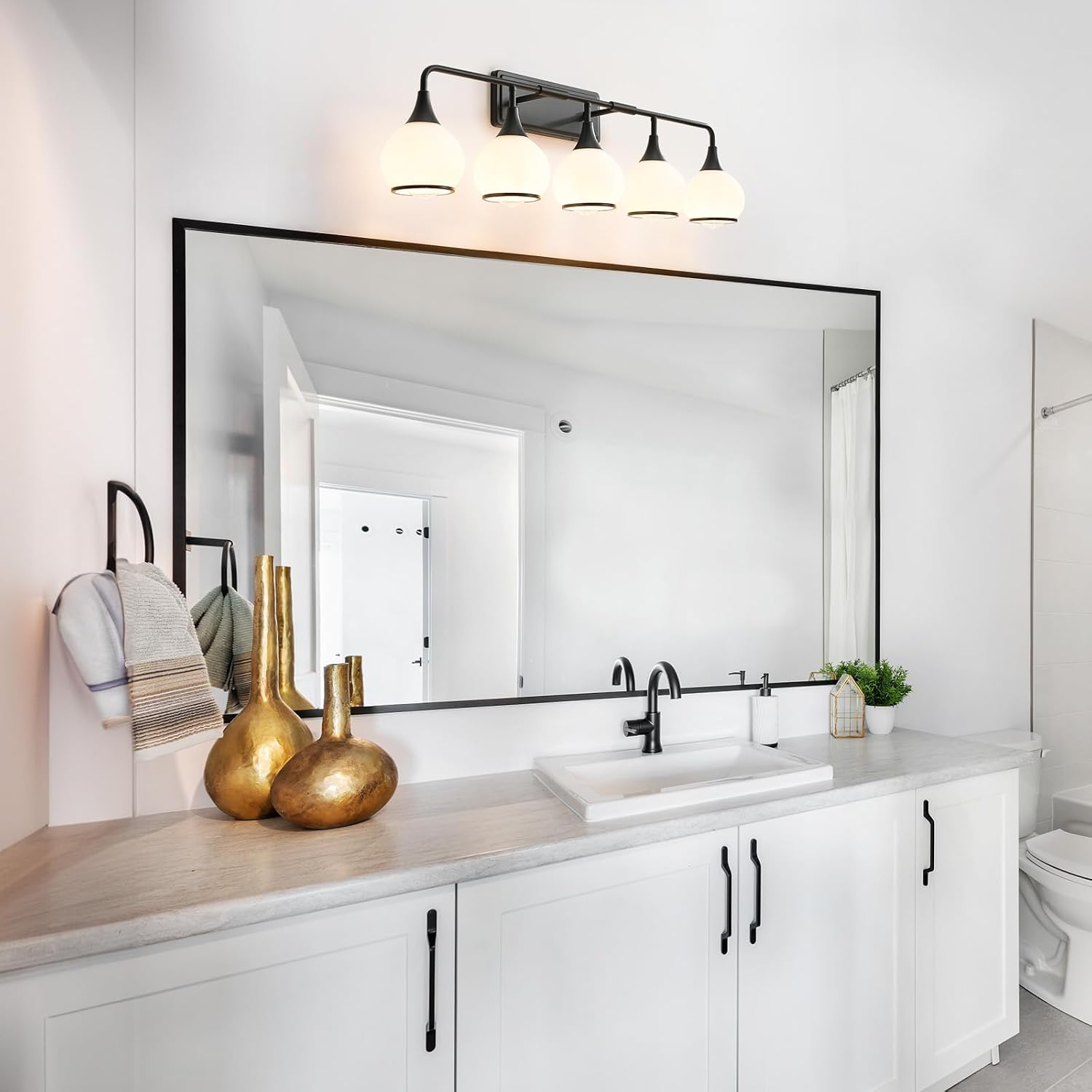Black Bathroom Light Fixtures 5-Lights Vanity Lights with Milky White Frosted Glass Shade Bathroom Vanity Light 39.2 inch Wall Sconce Lighting Bath(Exclude E26 Bulb)