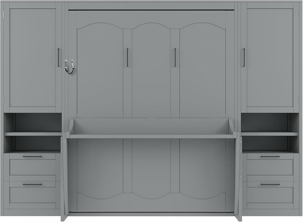 Merax Queen Size Murphy Bed with Desk, Multifunctional Foldable Wall Bed with Closet, Drawers and Shelves, Space-Saving Wood Platform Bed Frame for Small Spaces Studio Study Office Guest Room, Gray
