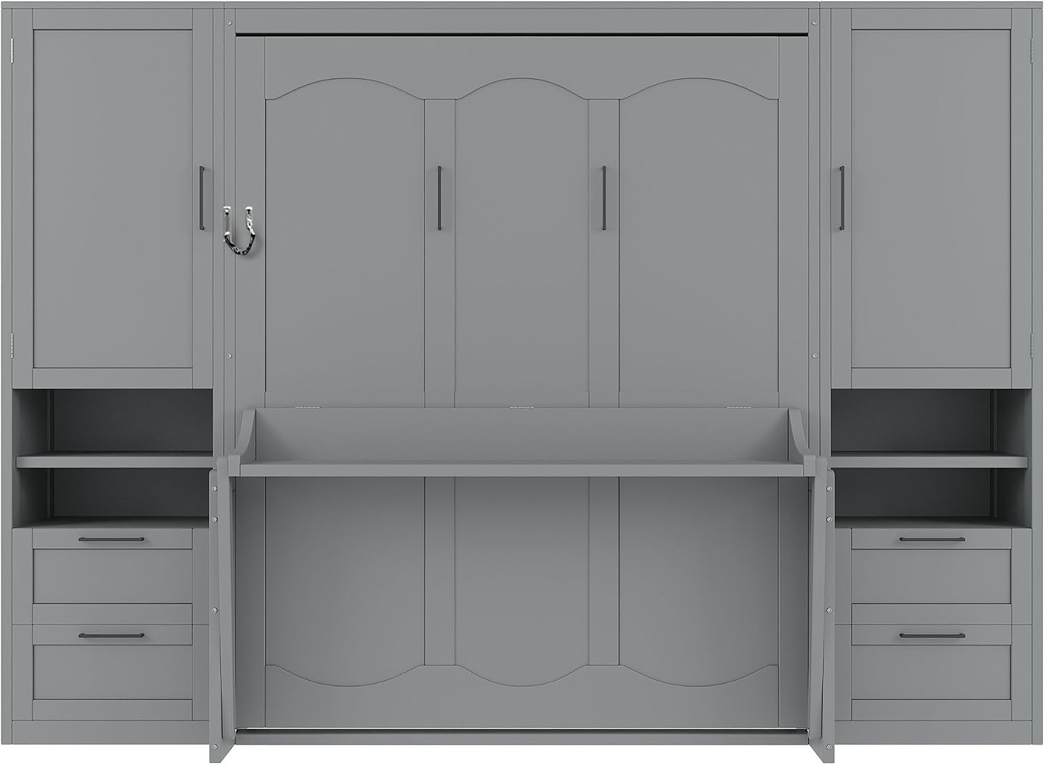 Merax Queen Size Murphy Bed with Desk, Multifunctional Foldable Wall Bed with Closet, Drawers and Shelves, Space-Saving Wood Platform Bed Frame for Small Spaces Studio Study Office Guest Room, Gray