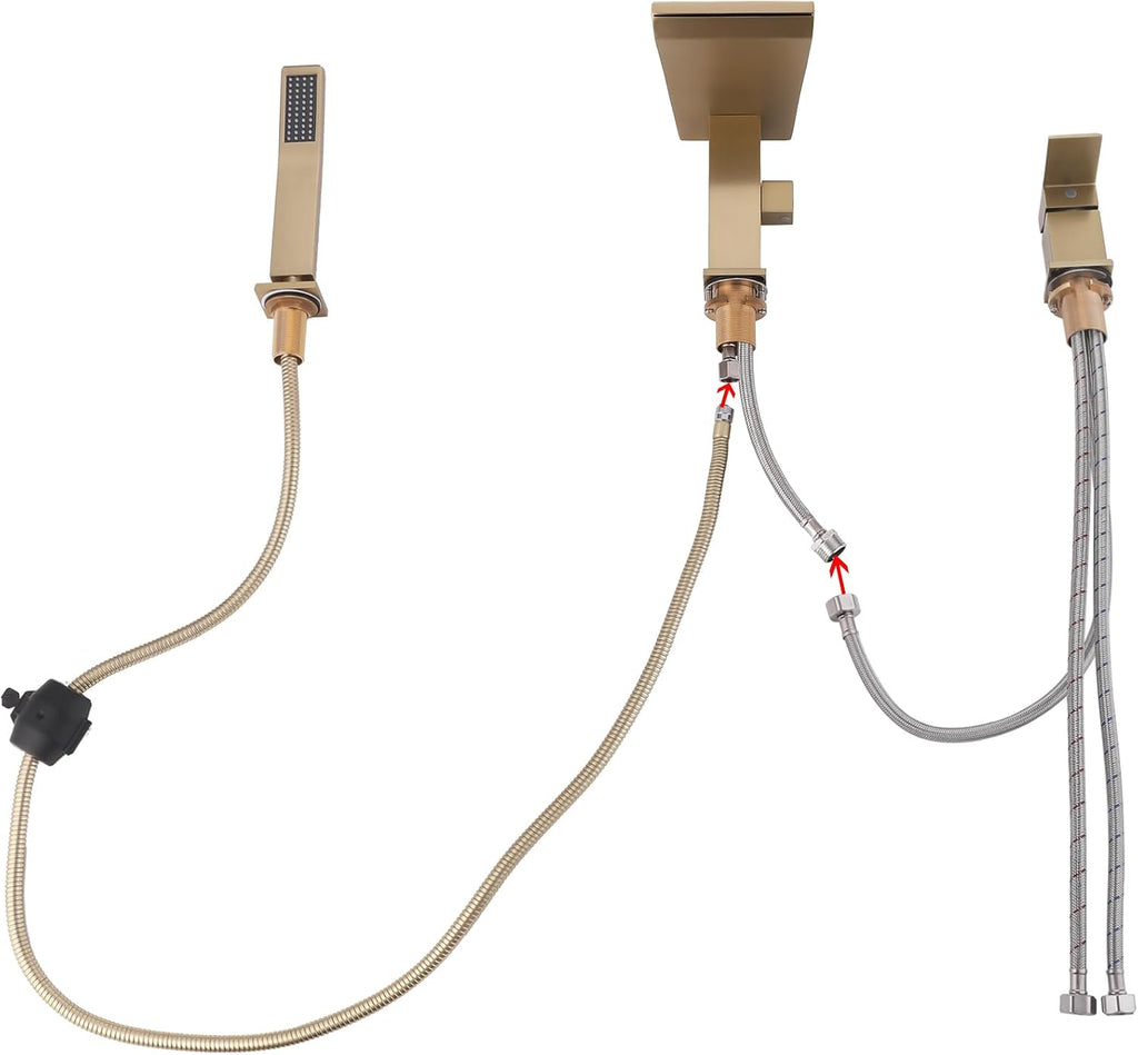 Waterfall Roman Tub Faucet with Hand Shower, Deck Mount Tub Filler Bathtub Faucet with Sprayer, Brass Widespread 3 Hole Bathtub Shower Faucet Set, Brushed Gold