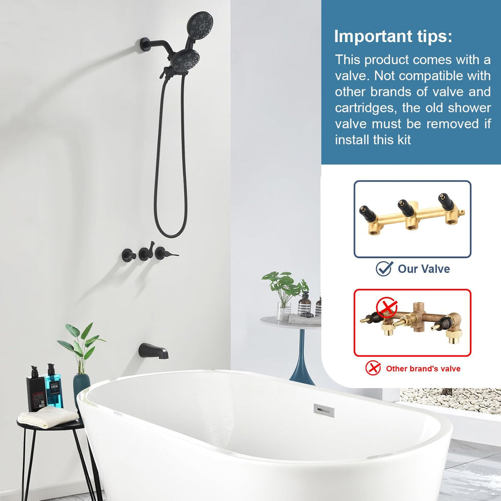 3 Handle Shower Faucet Set with Tub Spout Bathtub Shower Faucet Combo Set Shower System Complete Tub and Shower Trim Kit Matte Black Wall Mounted Shower Fixtures