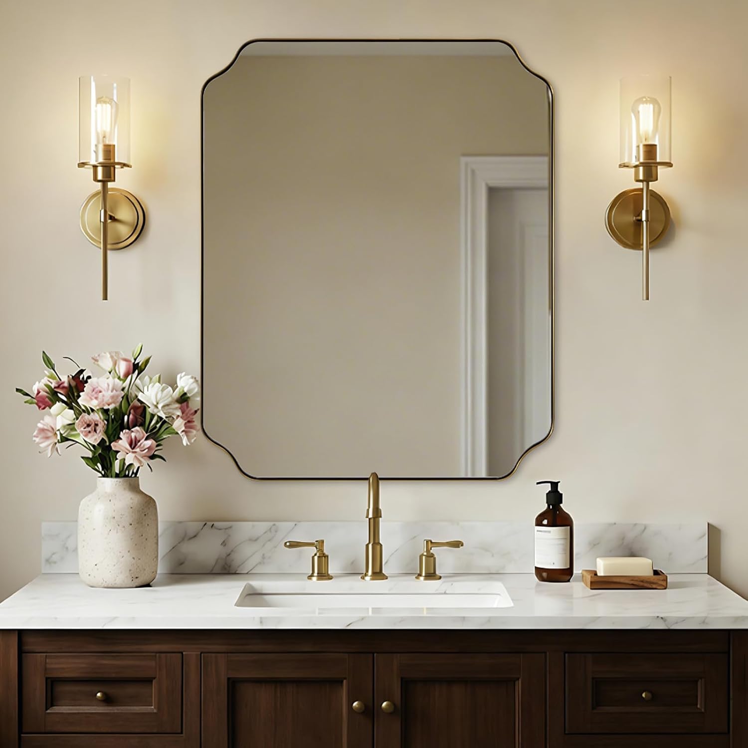 ANDY STAR 24'x30' Brushed Gold Bathroom Mirror, Rectangle Mirror for Bathroom, Champagne Bronze Mirror in Rustproof Stainless Steel Thin Frame, Elegant Scalloped Edge Design, Ideal for Home Remodel