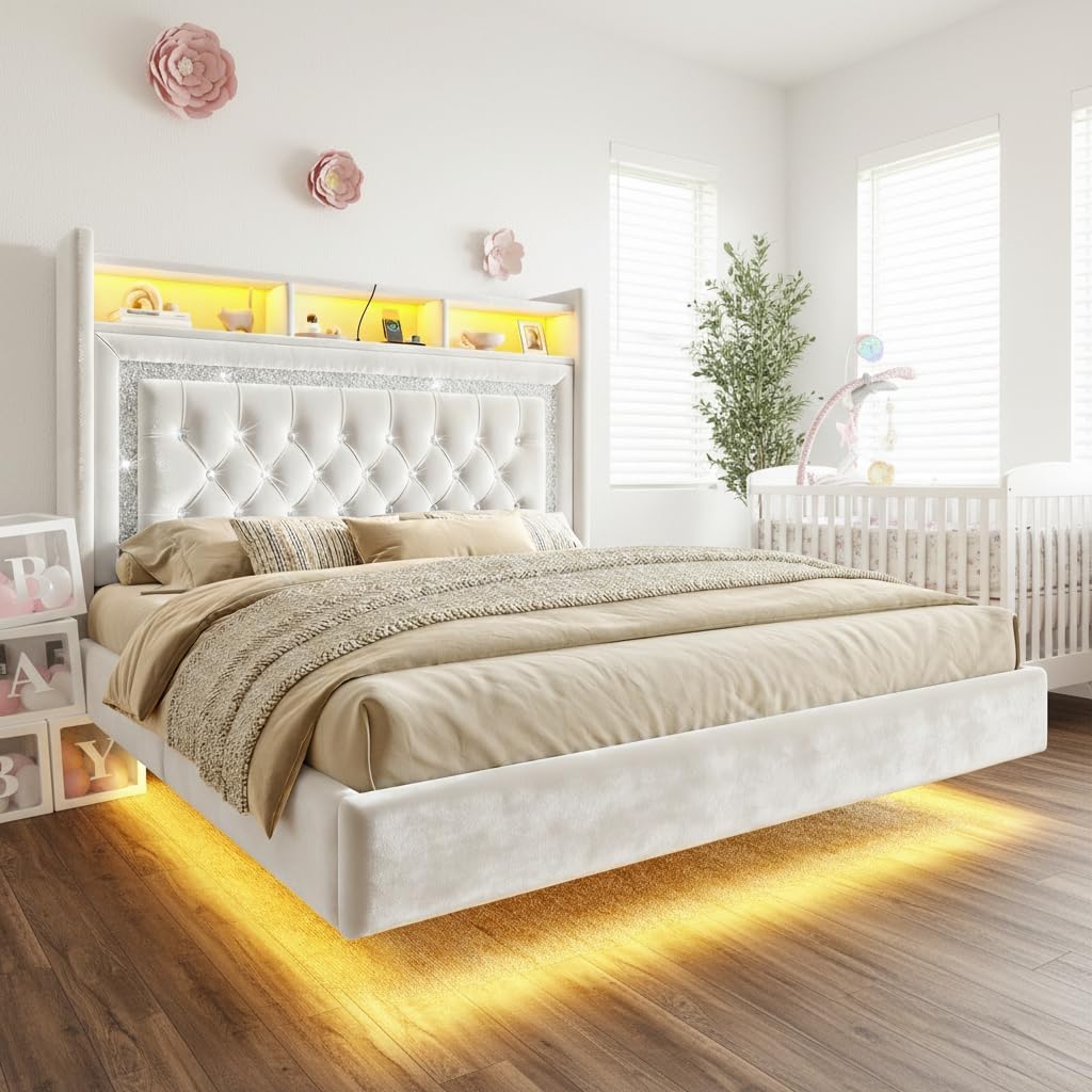 Homkdom Floating Bed Frame Queen with LED Lights & Charging Station, Upholstered Queen Bed Frame with Tall Velvet Storage Headboard, Heavy Duty Metal Slats/No Box Spring Needed/No Noise, Modern,Beige