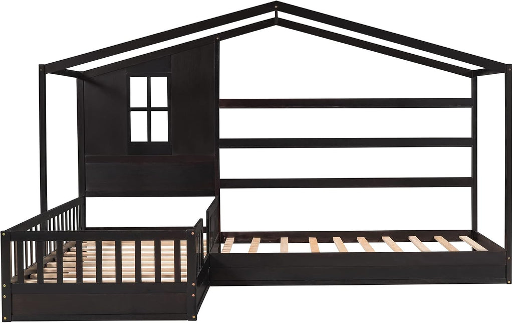 MERITLINE L Shaped Bed for 2 Kids, Twin House Bed, Wooden Double Twin Beds with Fence and Roof, Playhouse Bed, Corner Bed for Bedroom Furniture, No Box Spring Needed (Espresso)