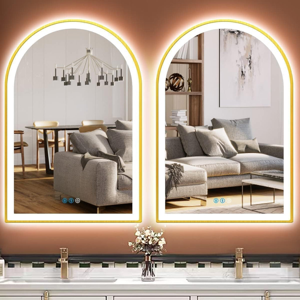 24 x 36 Inch Gold Arch Vanity Mirror with Lights 3 Color Dimmable Anti Fog 36' Gold Frame Arch LED Mirror for Bathroom Wall & Table Makeup Arched Lighted Mirrors