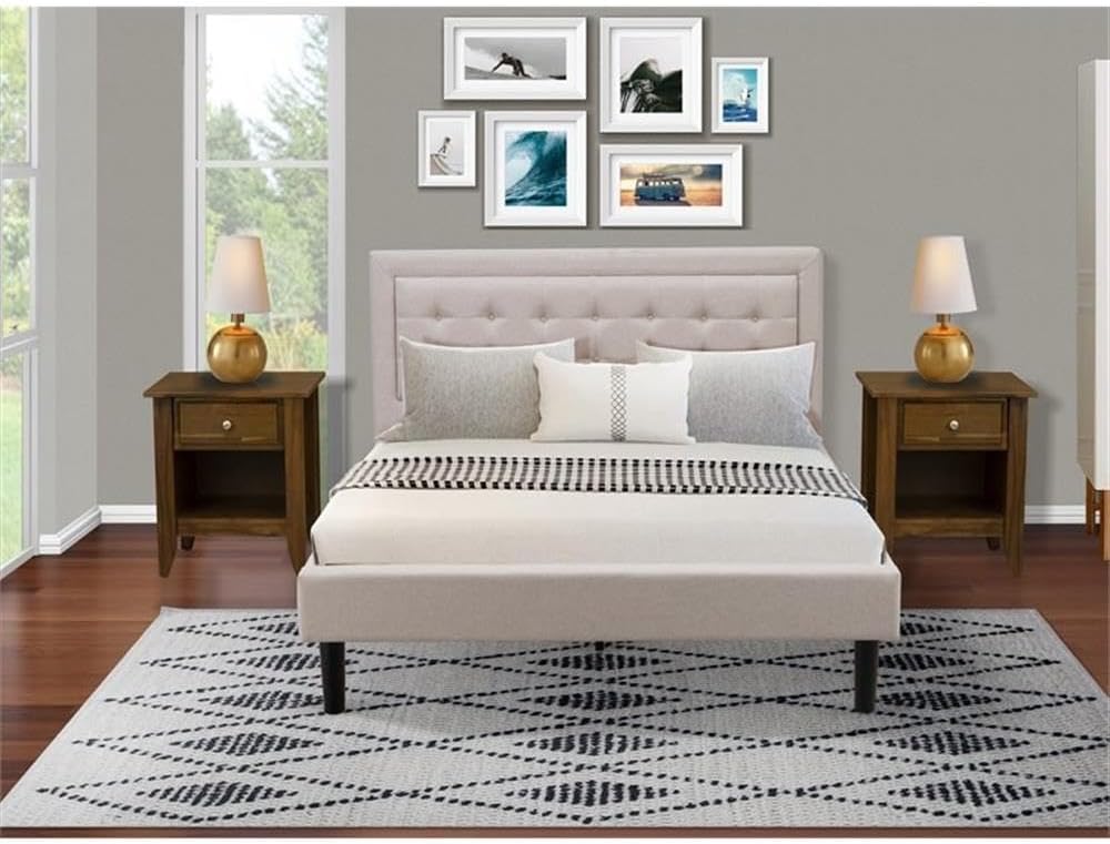 East West Furniture FN08Q-2GA08 3-Piece Platform Bed Set with 1 Queen Wood Bed Frame and 2 Mid Century Modern Nightstands - Reliable and Sturdy Manufacturing - Mist Beige Linen Fabric