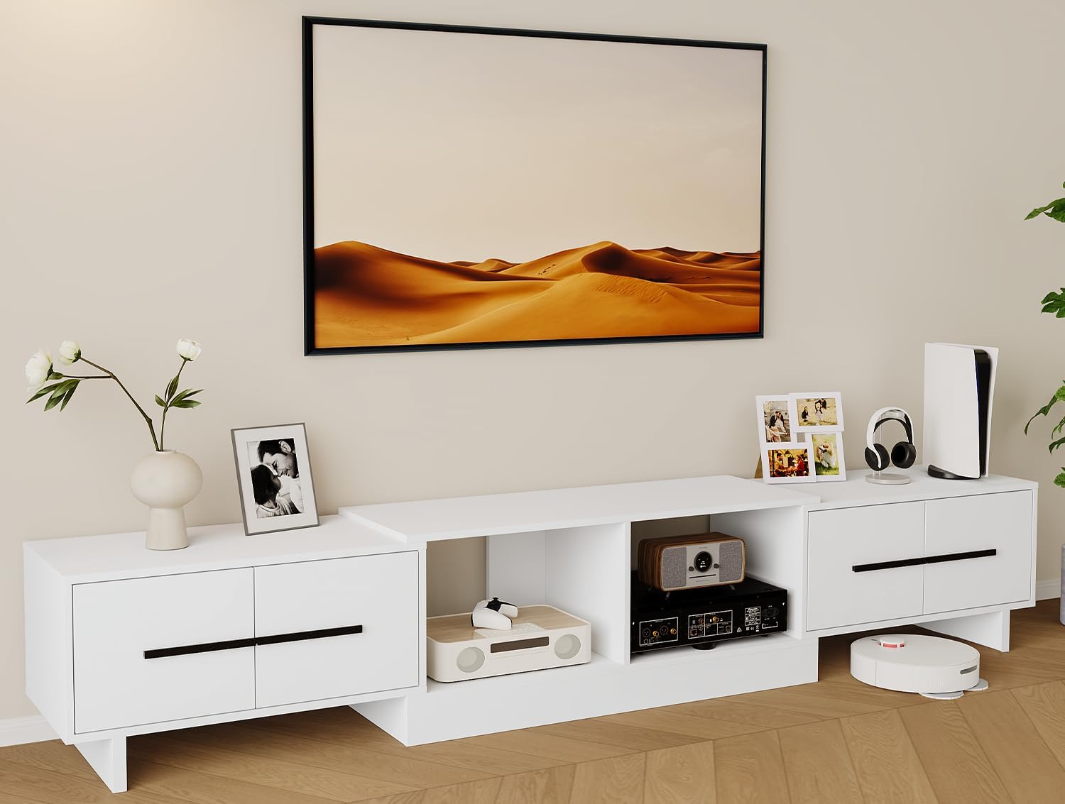 Extendable TV Stand, Modern Media Console for Up to 100 Inch TV, 67'-90' Extendable Entertainment Center with 2 Large Cabinets & Open Shelves, TV Cabinet for Living Room-White