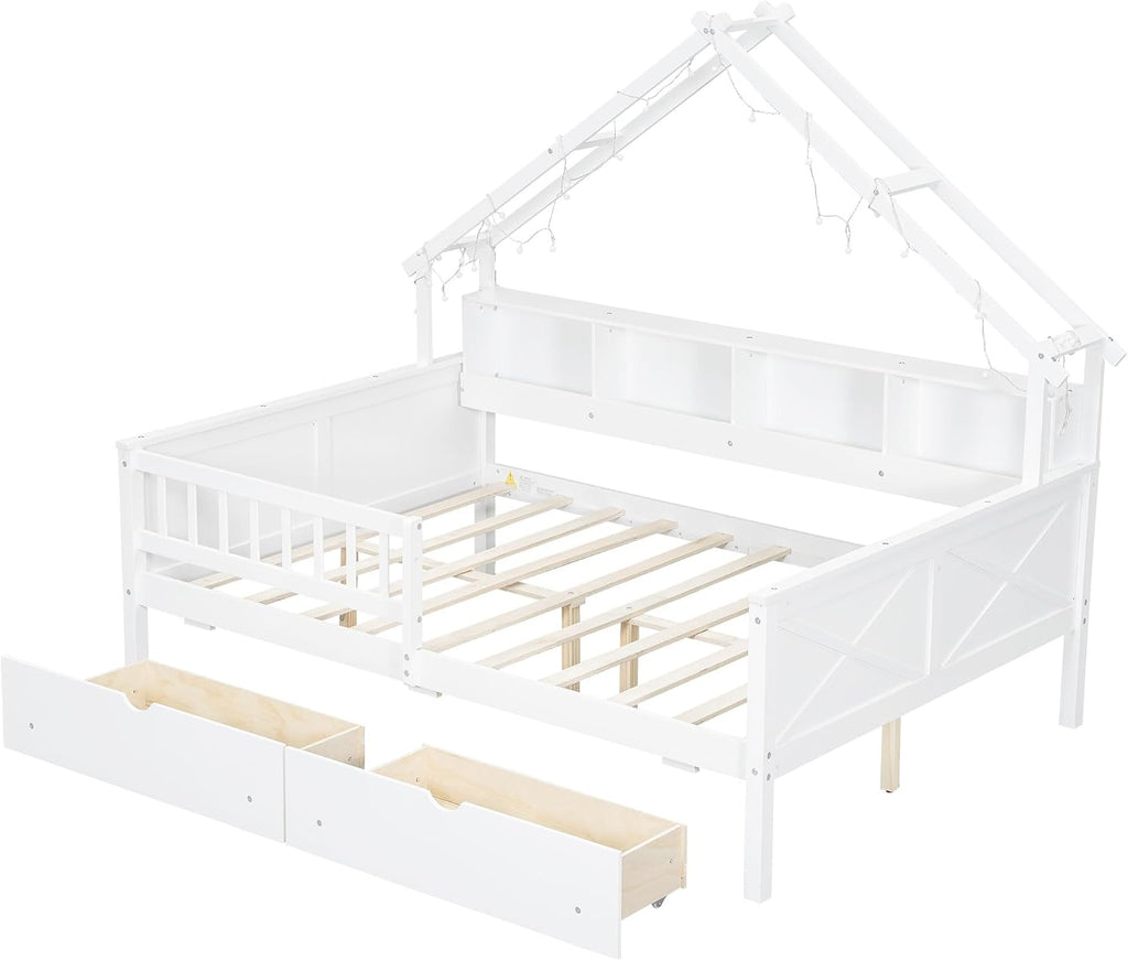 Bellemave Full House Platform Bed with Drawers Wood House Bed with Storage Shelves and LED Lights House Platform Bed Frame for Kids, Teens, Adults, No Spring Box Needed (White)