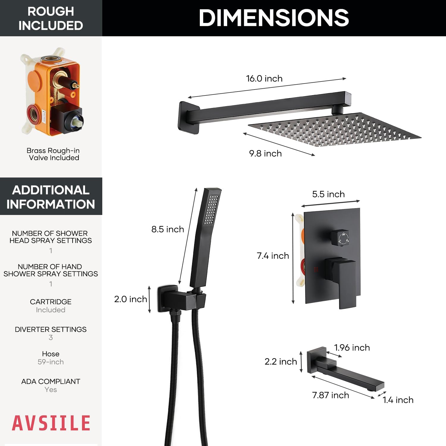 AVSIILE Shower Faucet Set with Tub Spout, Matte Black Rain Shower Mixer Valve and Trim Kit System with Base Complete, Rainfall Modern Shower Head and Handheld Handle Set Combo for Bathroom, 10 Inch