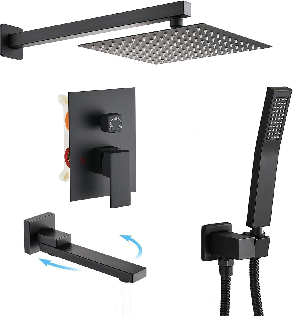 AVSIILE Shower Faucet Set with Tub Spout, Matte Black Rain Shower Mixer Valve and Trim Kit System with Base Complete, Rainfall Modern Shower Head and Handheld Handle Set Combo for Bathroom, 10 Inch